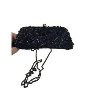 V2 by Vanessa Black Beaded Sequins Evening Bag With Long Silver Chain